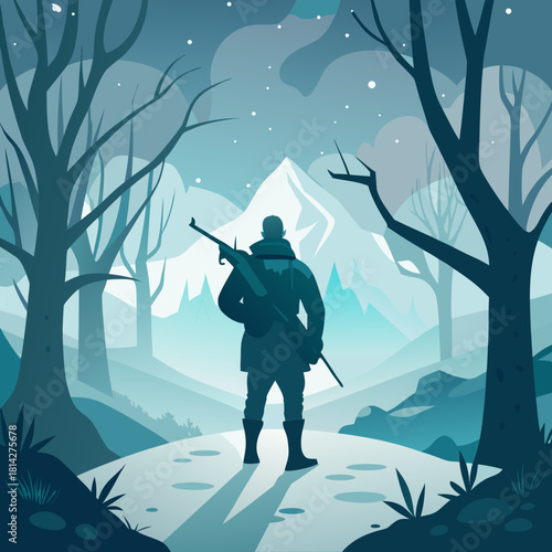 hunter silhouette in snowy landscape  bare trees a.svg