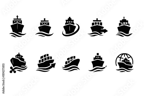 Cargo Ship Icons in Motion with Waves, Propellers, Navigation Lines and Directional Arrows in Black Dynamic Shapes on White Background