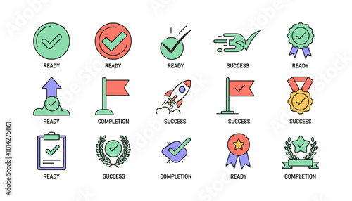 Collection of Colorful Success and Completion Icons with Checkmarks.