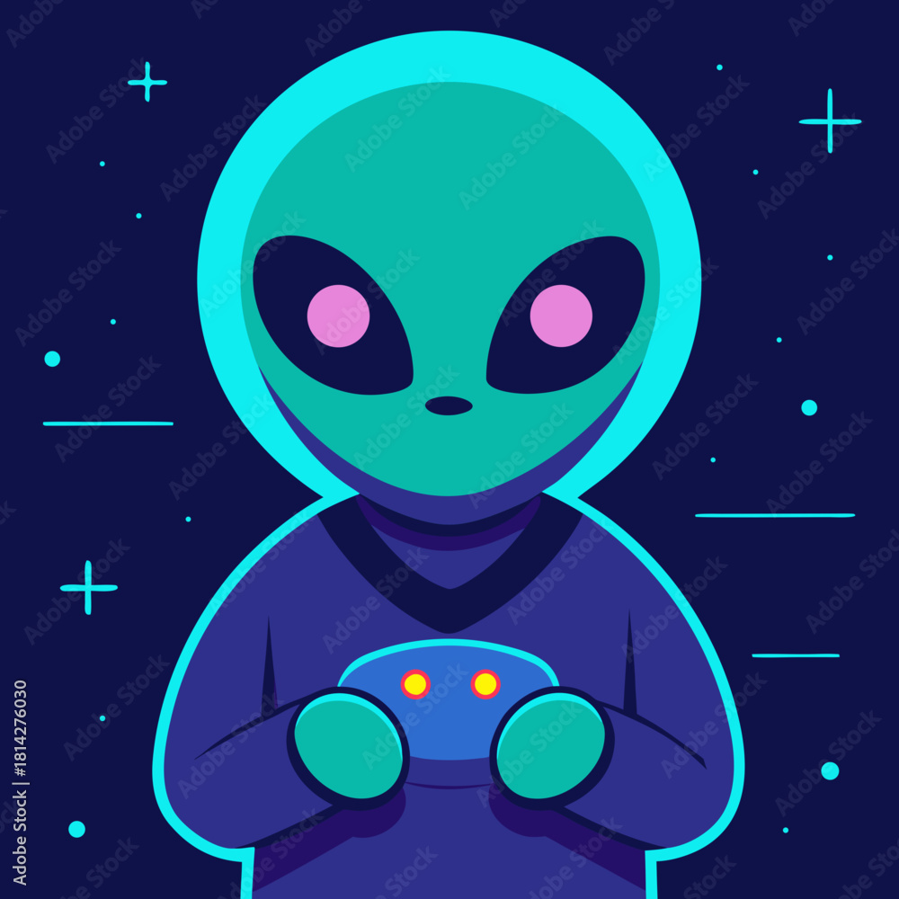 Fototapeta premium cute but fierce alien holding a joystick glowing .svg