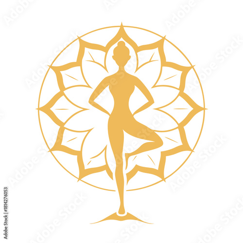 female silhouette in tree pose standing on a lotus.svg
