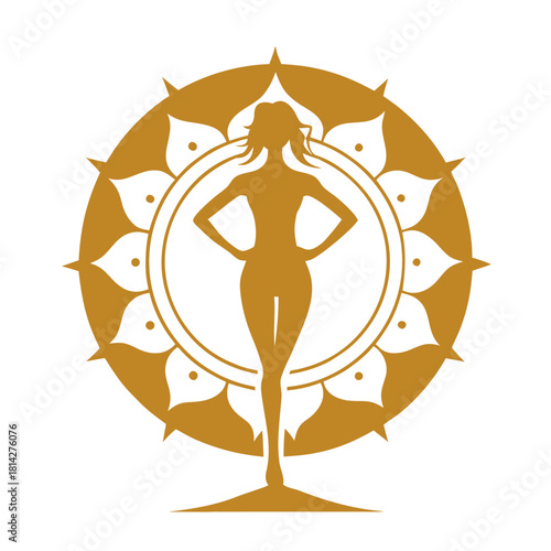 female silhouette in tree pose standing on a lotu.svg