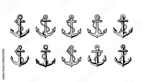 Collection of Nautical Anchors in Vintage Engraving Style.