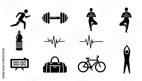 Fitness and Wellness Icons - Running, Weights, Yoga, and Healthy Lifestyle Symbols.