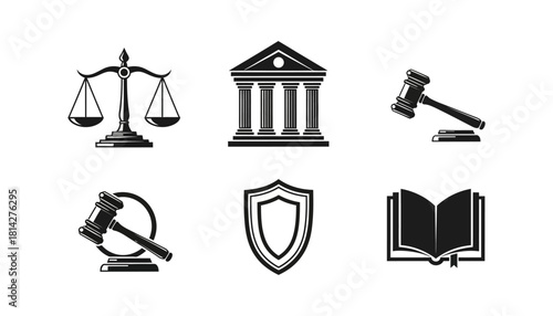 Law and Justice Icons - Scales, Building, Gavel, Shield, and Book.