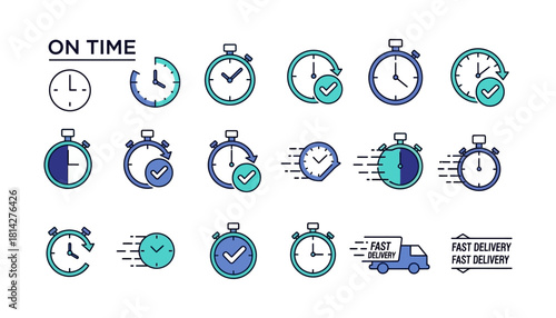 On Time Delivery Icons Set - Punctuality and Efficiency in Service.