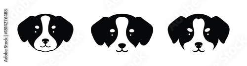 Minimalist black and white dog head illustrations, a conceptual set of three cute puppy faces