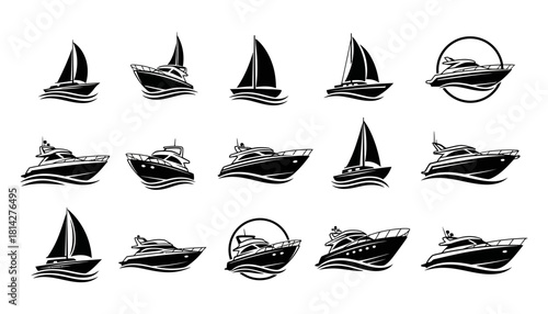Set of Black and White Boat and Yacht Illustrations.