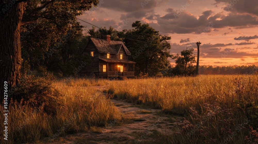 Obraz premium Serene Twilight at Cozy Country House Surrounded by Lush Fields and Gentle Evening Sky with Clouds and Warm Glowing Windows
