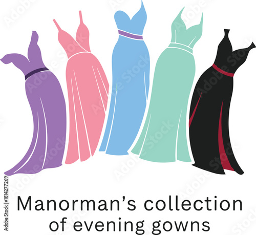 Manorman evening gown collection, colorful dresses, fashion showcase, purple pink blue green black styles, elegant formal wear, stylish garment display