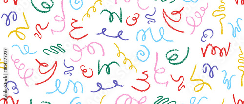 Fun rainbow seamless pattern with doodles, scribble shapes with chalk, charcoal texture. Hand drawn funky squiggle lines in crayon style. Simple bright confetti print for children. Vector illustration