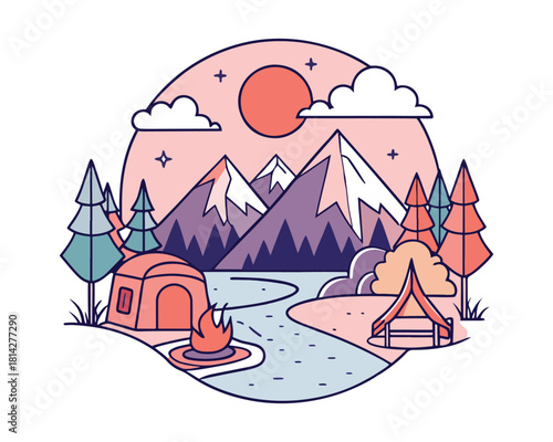 Sunrise Mountain River Camping T-shirt Design – Tent, Campfire, Forest, Outdoor Adventure Illustration
