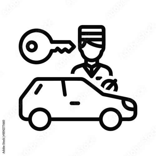 Valet parking service icon depicting a bellhop, a car, and a key, representing hotel or luxury car services