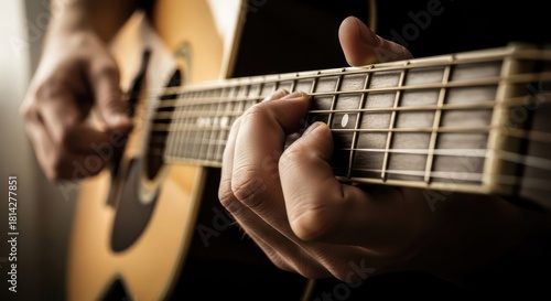 A close-up shot of a person's left hand pressing down on the strings of an acoustic guitar's fretboard with their right hand nearby on a dark background with warm tones.
