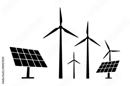 Silhouette of renewable energy: solar panels and wind turbines.