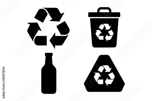 Recycling symbols and bin icons with bottle silhouette.