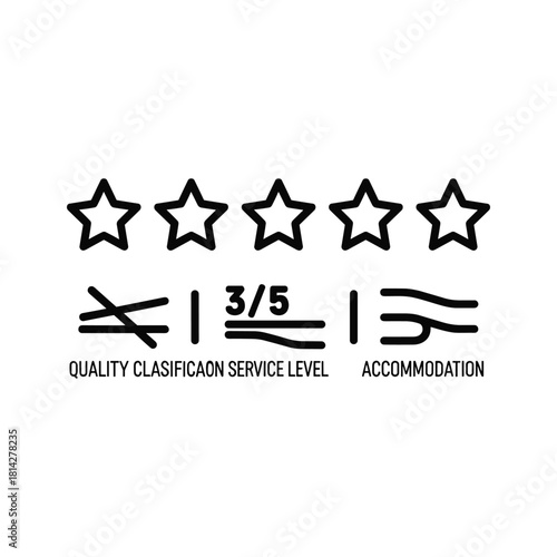 Star rating system with 3 out of 5 for quality, service, and accommodation, isolated on