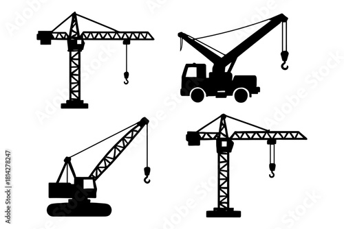 Silhouette set of construction cranes and heavy machinery equipment.