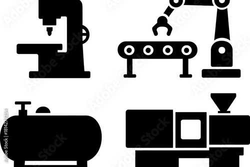 Industrial machinery icons set: drill press, conveyor, robotics, compressor, injection molding.