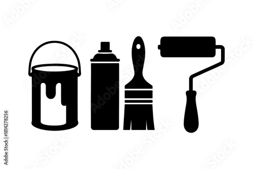 Black and white silhouettes of painting tools: paint can, spray can, brush, and roller.