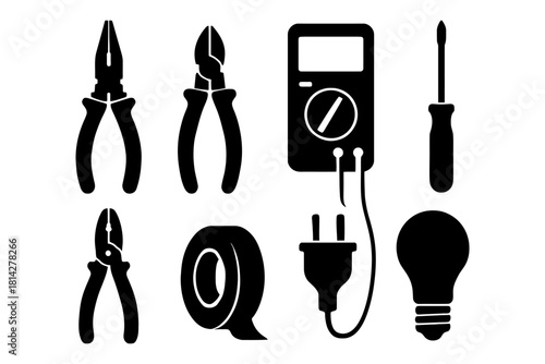 Silhouette of electrical tools including pliers, multimeter, screwdriver, tape, plug, lightbulb.