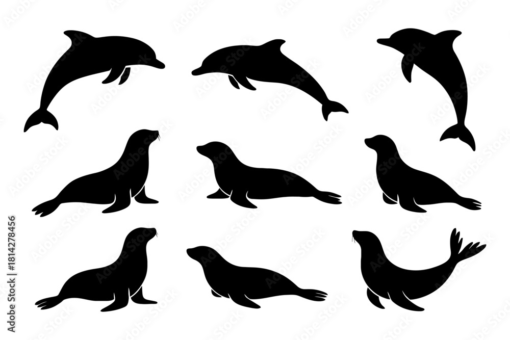Obraz premium Silhouette collection of dolphins and seals in various poses.
