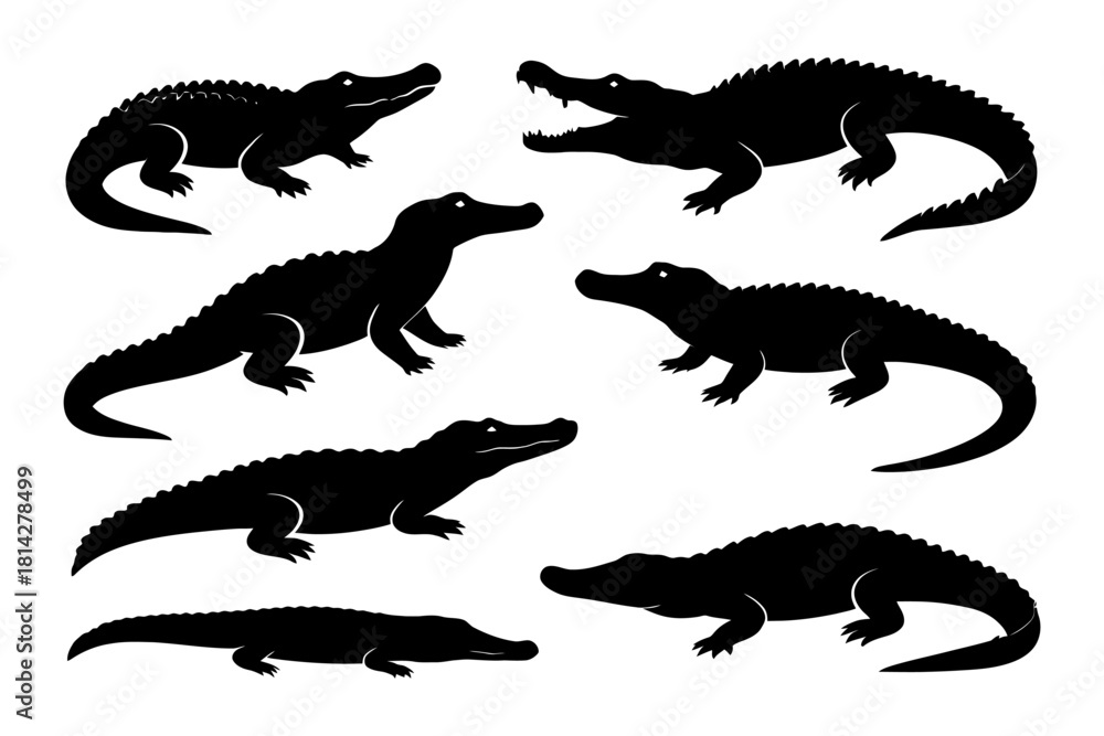 Fototapeta premium Silhouette collection of various alligator and crocodile species in different poses.