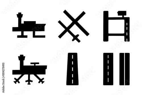 Collection of stylized black icon symbols for transportation and infrastructure.