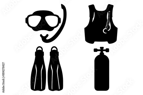 Silhouette of scuba gear set featuring mask, fins, vest, and tank.