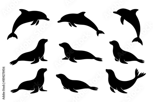 Silhouette collection of dolphins and seals in various poses.