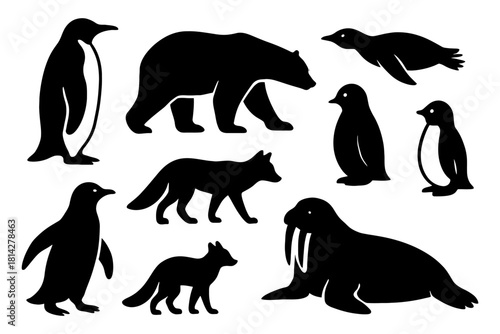 Arctic wildlife silhouettes: penguin, bear, seal, walrus, fox.
