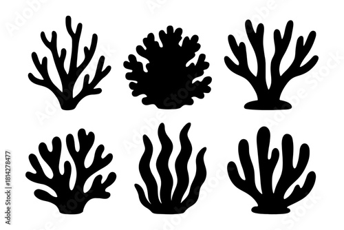 Silhouette collection of coral shapes on white background.