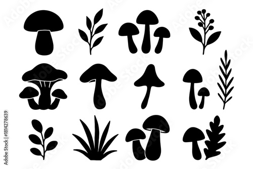 Collection of black silhouette mushrooms and plants on white background.