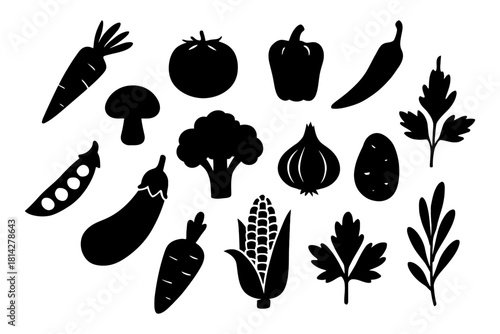 Assorted vegetable silhouettes on white background.