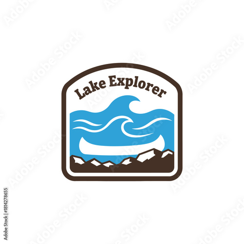 A stylish badge featuring a canoe on blue waves with rocky shores below, capturing the spirit of adventure and serenity in Lake Explorer.