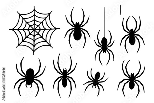 Silhouette collection of spiders and web on white background.