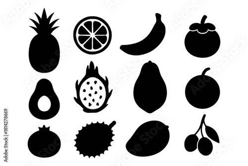 Silhouette set of exotic fruits including pineapple, dragon fruit, and durian.