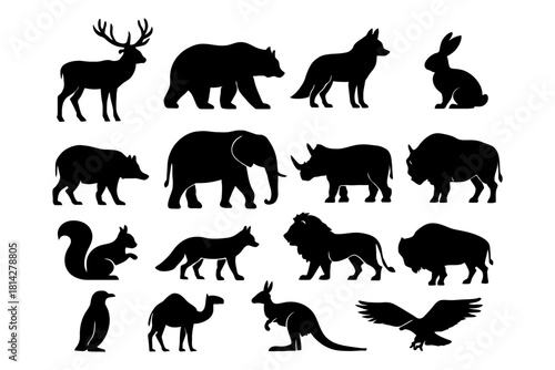 Silhouette collection of diverse wild animals.