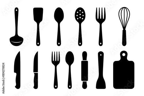 Silhouette collection of kitchen utensils on white background.