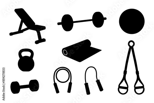 Home gym equipment icons: weights, bench, kettlebell, jump rope, and resistance bands.