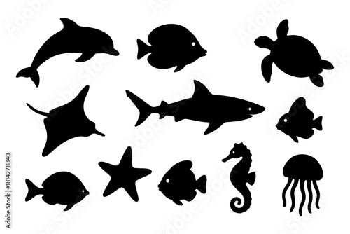 Black silhouette collection of various marine animals including dolphin, shark, and seahorse.