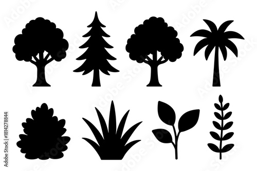 Silhouette illustrations of various tree and plant shapes.
