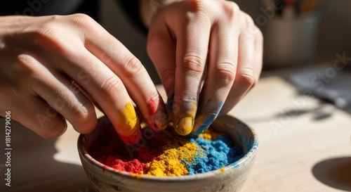 A person's hands are dipping into a bowl of colorful sand on a table with a blurred background.