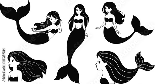 Stylized black mermaid silhouettes with flowing hair, fish tails, and accessories in elegant cartoon-style aquatic fantasy design