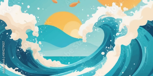 Abstract vector illustration of a blue ocean wave and summer beach landscape design