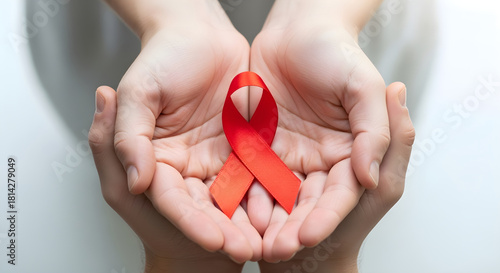 Red ribbon symbolizing aids awareness held in caring hands