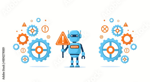 Cartoon style robot holding warning sign with gears and cogwheels
