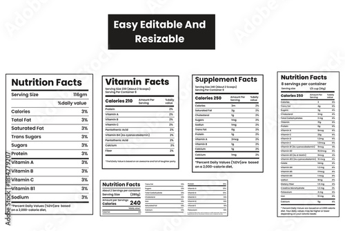 Nutrition facts template, supplement facts template and vitamin facts template vector