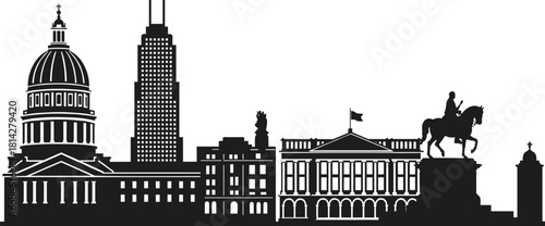 City skyline silhouette, historic monuments and modern skyscraper, capitol dome and classical columns, equestrian statue, urban heritage black and white vector illustration