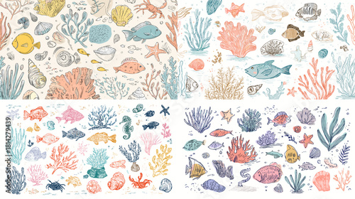A charming underwater illustration set featuring fish, corals, shells, and sea plants in pastel tones. Ideal for marine themed artwork, kids designs, and coastal decorative projects.